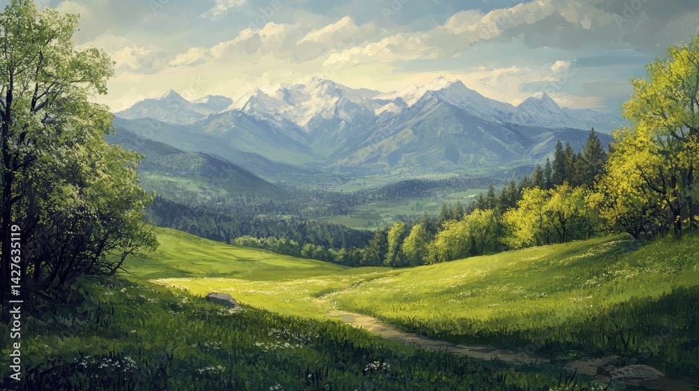 Obraz premium Outdoor Mountain. Serene Spring View of Calm and Tranquil Mountain Landscape