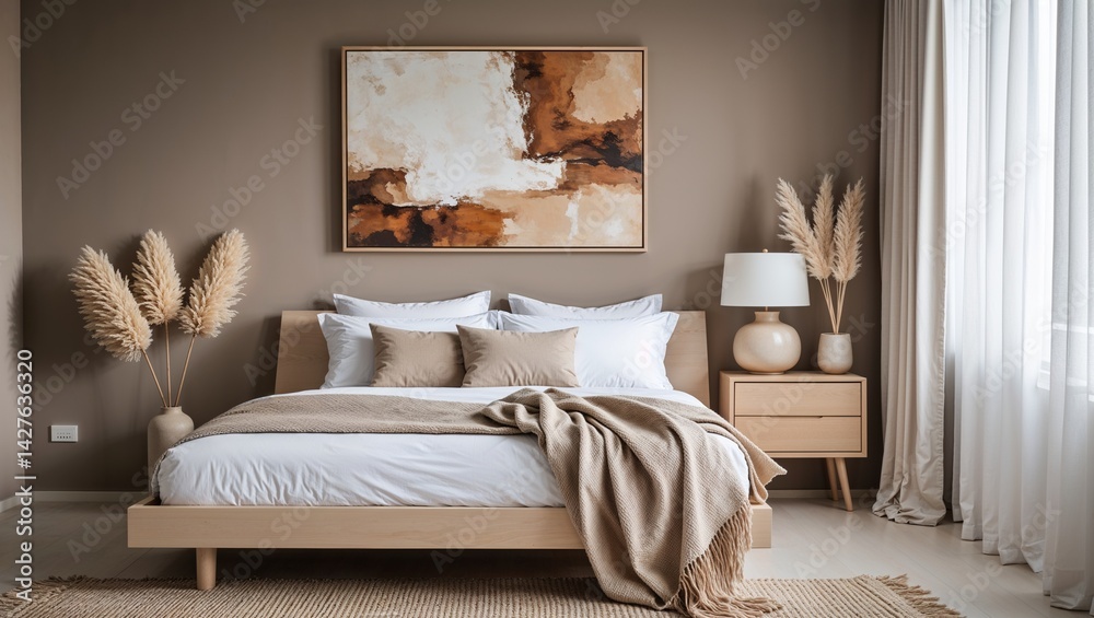 Fototapeta premium Luxury bedroom interior showcases a comfortable bed with pillows and a lamp in a beautifully designed room