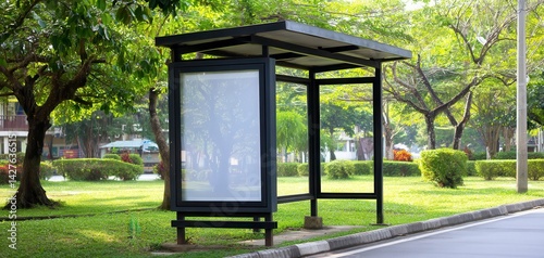 Blank signboard mockup on school campus university. Billboard display for event posters advertising marketing urban information. Empty space for message. Green grass lawn trees
