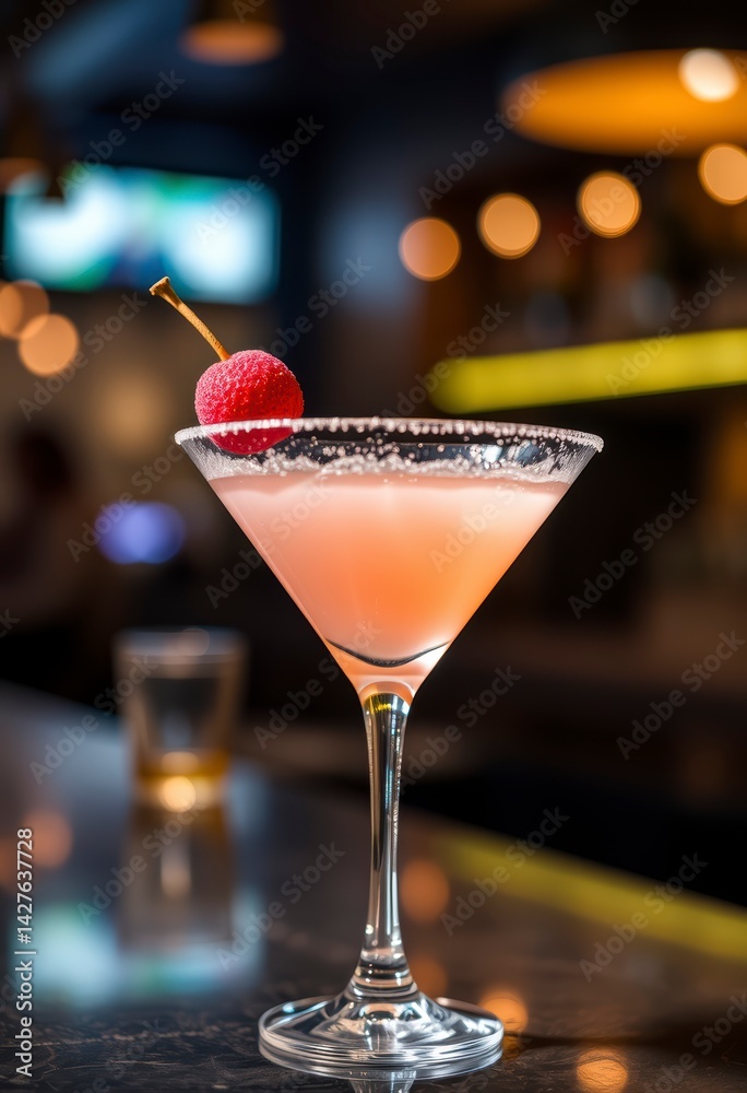 A Refreshing Pink Cocktail Garnishes with a Red Berry, sits on a sleek bar counter in a dimly lit setting.