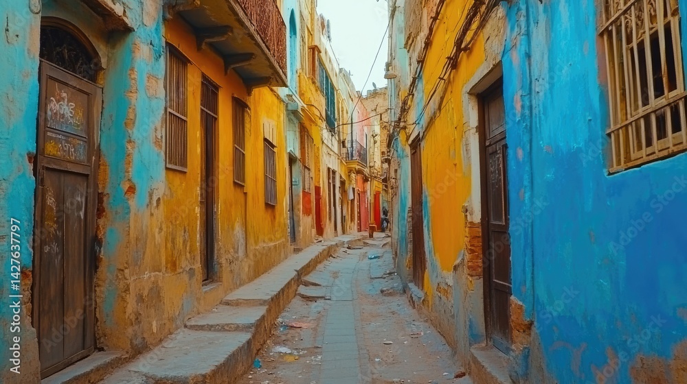 Fototapeta premium Vibrant Alleyway with Colorful Houses, Old City, and Africa.