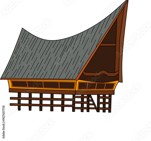 Rumah adat bolon, traditional house vector illustration design template elements, ancient architecture of batak indonesia, flat design color illustration