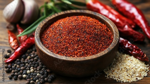 Spices galore in wooden bowl