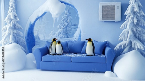 Penguins Relaxing on Blue Sofa in Winter Wonderland.
