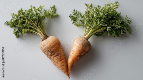 Fresh Carrots Duo: Vibrant carrots with lush green tops are presented in a studio shot, highlighting their natural beauty and fresh from the farm.