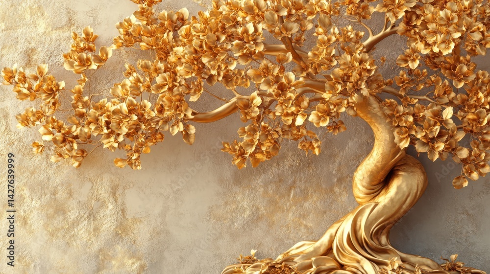 Golden Bodhi tree with Stucco Stems and Leaves An elegant 3D floral background. Elegant 3D Floral Background Featuring Golden Bodhi tree with Stucco Stems and Leaves.