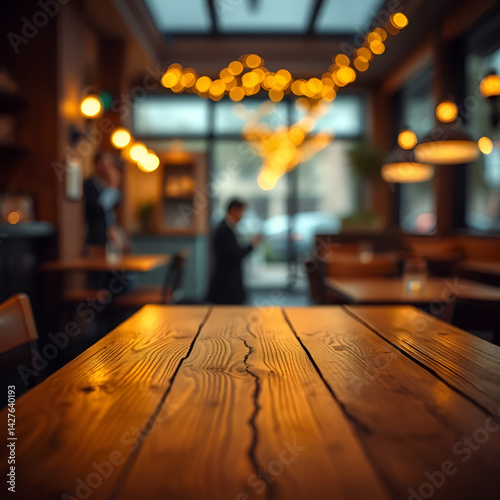 Empty wood table top on blur light gold bokeh of cafe restaurant in dark background