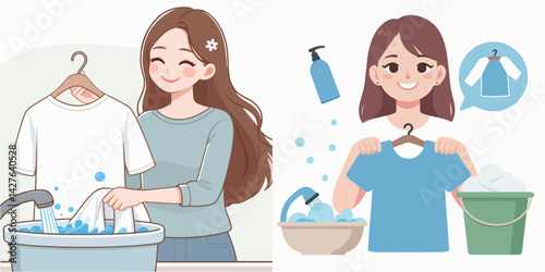 Vector collection A happy young woman is washing clothes