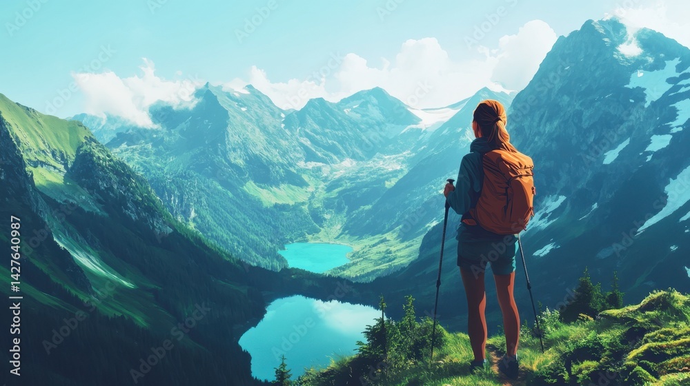 Naklejka premium solo woman traveler hiking in the mountains, embracing the concept of eco-friendly travel and adventure. Surrounded by nature's beauty, she experiences the freedom and serenity of exploring remote lan