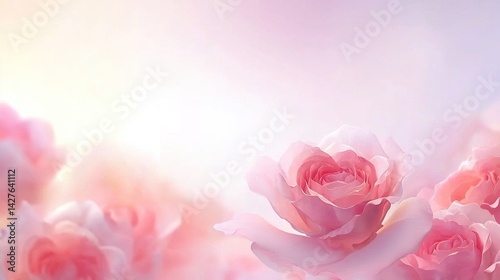 Romantic pink roses banner with soft pastel tones, a close-up bouquet on a light pink and white background with blurred depth of field, perfect for elegant floral-themed designs.