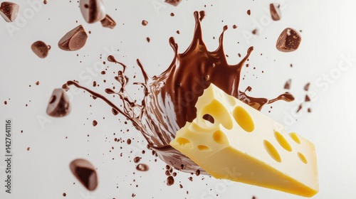 Melted chocolate splashes around a piece of cheese