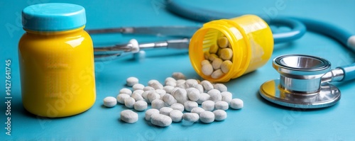 Medical concept with pill dispenser and bottle on blue background. White pills scattered around yellow bottle with blue cap. Blue stethoscope nearby. Health care medical equipment.