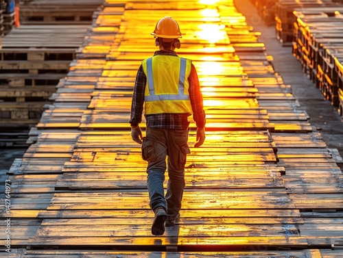 Worker Walking Sunset Industrial Pallet Yard.