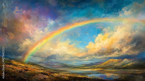 A vibrant painting depicting a rainbow over a landscape with mountains and a body of water under a cloudy sky photo