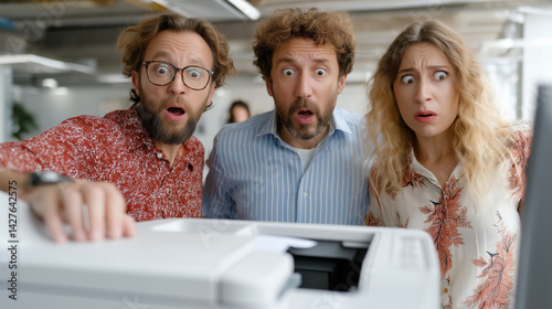 Printer Problems: A trio of office colleagues stare in disbelief as a malfunctioning printer spews out a comical array of paper photo