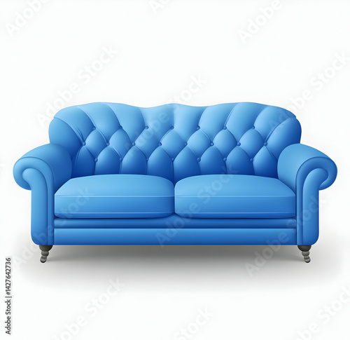 A blue sofa icon, transparent background, vector style, 3D rendering effect, high resolution, front view, high detail, soft lighting, no shadows on the ground, high definition.