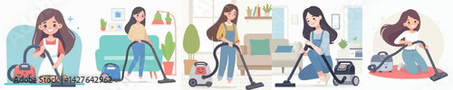 Vector collection A sad young woman vacuuming the house with a vaccum cleaner