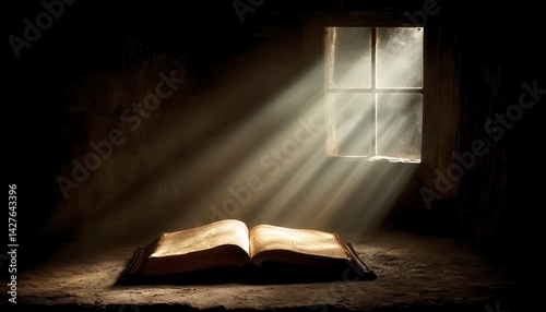 Open bible illuminated by golden light streaming through window. Majestic scene in old building. Divine revelation and wisdom. Ancient scripture. Spiritual moment. Sacred . Holy book bathed