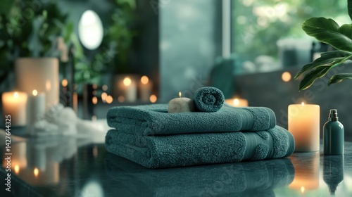 A serene bathroom scene with neatly folded aqua-colored towels