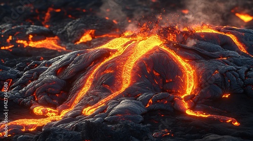 A volcano erupting with molten lava flowing down its sides creating a fiery and destructive scene