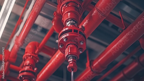 Red Fire Sprinkler System Pipes Closeup.