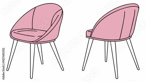 Front and back view of pink modern dining chair isolated on white background vector illustration.
