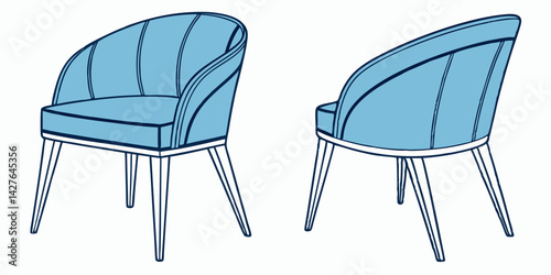 Front and back view of blue modern dining chair isolated on white background vector illustration.
