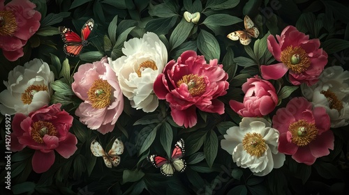 Fototapeta Naklejka Na Ścianę i Meble -  A vibrant arrangement of blooming pink and white peonies set against a dark background.