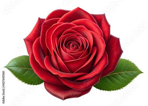 Single red rose with green leaves, isolated on black background.