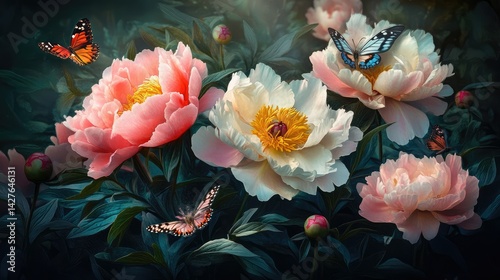 A vibrant arrangement of blooming pink and white peonies set against a dark background.