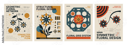 Geometric Floral Design Posters: A set of four unique and aesthetically pleasing posters featuring geometric floral designs in vibrant colors.