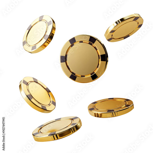 flying golden casino chips isolated on transparent white background, clipping path