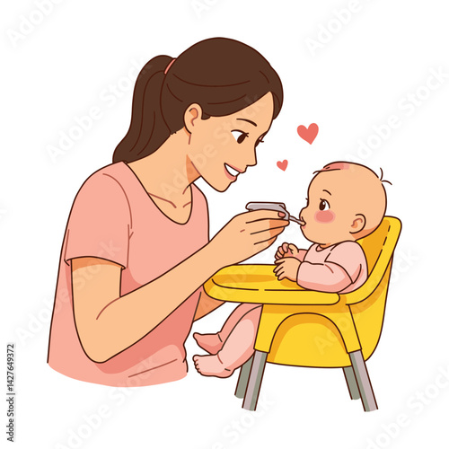 Cute vector illustration of a mother feeding her baby with a spoon while the baby is sitting in a wooden high chair. Perfect for parenting, motherhood, baby care, and family-related concepts.