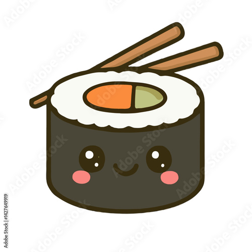 kawaii sushi roll with chopsticks and cute smile