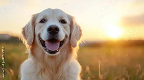 Happy Golden Retriever in Field at Sunset