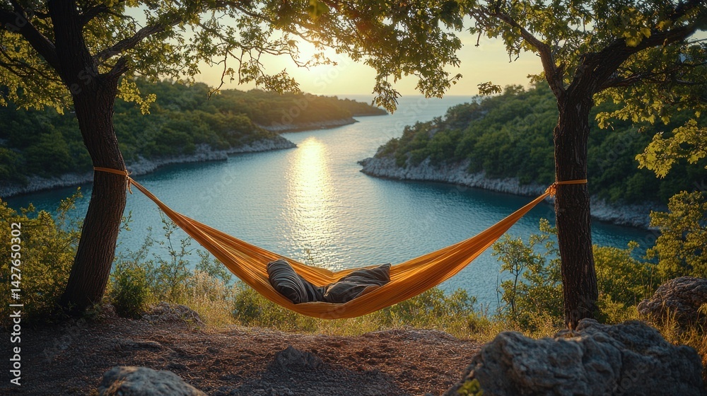 Fototapeta premium Sunset Hammock Serenity: Coastal Escape in a Tranquil Cove