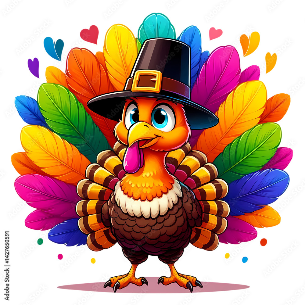 cartoon turkey with colorful feathers and pilgrim hat