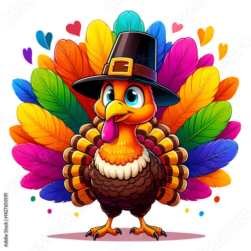 Obraz na płótnie cartoon turkey with colorful feathers and pilgrim hat w salonie