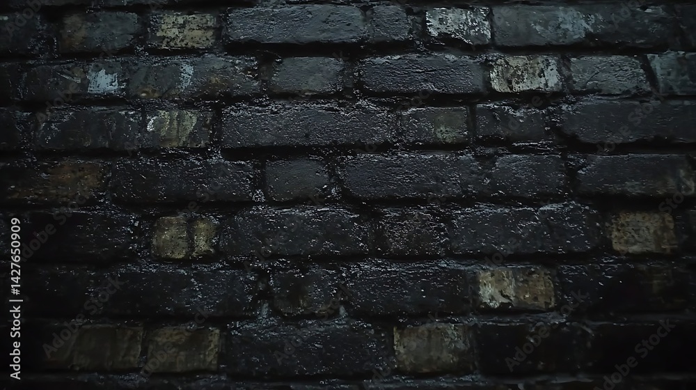 Naklejka premium Dark brick wall with weathered surface, showcasing urban decay texture