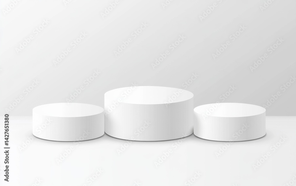 White cylinder podiums for product display in a modern studio setting White cylinder podiums for product display in a modern studio setting