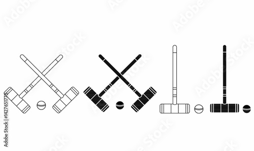 Croquet mallet and ball icon set. Includes silhouette and outline style. Perfect for lawn game, sport, summer activity, and vintage recreation designs.