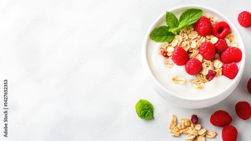 Yogurt parfait with granola and raspberries Yogurt parfait with granola and raspberries