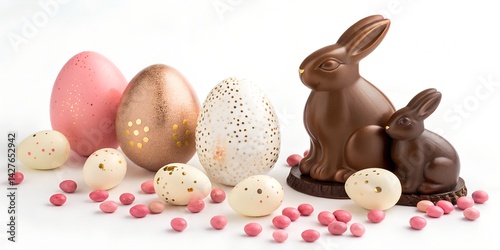 Luxury Chocolate Easter Eggs & Bunny Treats – Elegant Pastel Confectionery on White Background