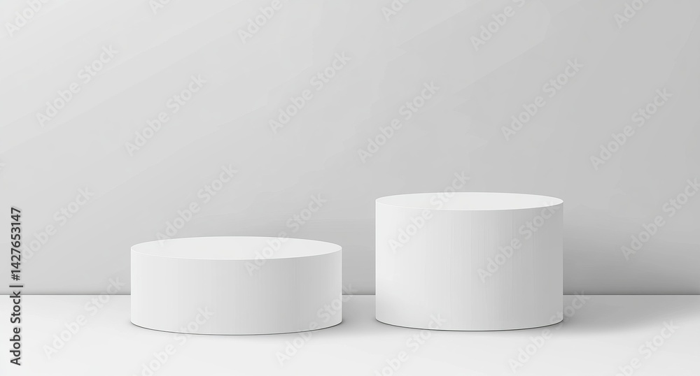 White cylinder podiums, minimal studio backdrop, product display, showcasing White cylinder podiums, minimal studio backdrop, product display, showcasing