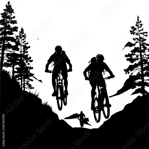 Silhouette of mountain bikers ascending twilight trail