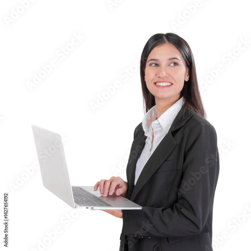 Confident and beautiful young Asian businesswoman in black suit holding laptop and smiling while looking away, working online networking, isolated on a transparent background, corporate or technology 