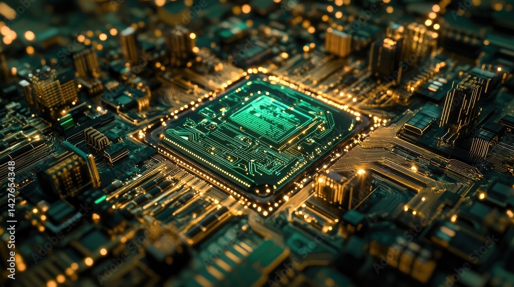 Fototapeta premium Golden CPU Tech Cityscape with Circuit Board Detail.