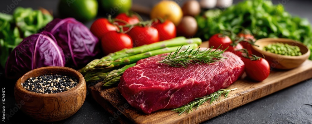 Panorama of fresh pet food featuring raw and healthy concept. Fresh ingredients ready for a wholesome meal preparation. Panorama of fresh pet food featuring raw and healthy concept. Fresh ingredients ready for a wholesome meal preparation.