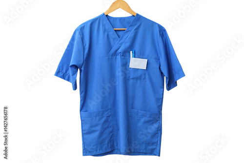 Fotografie Blue scrubs hang on a wooden hanger, symbolizing dedication to healthcare on Wor