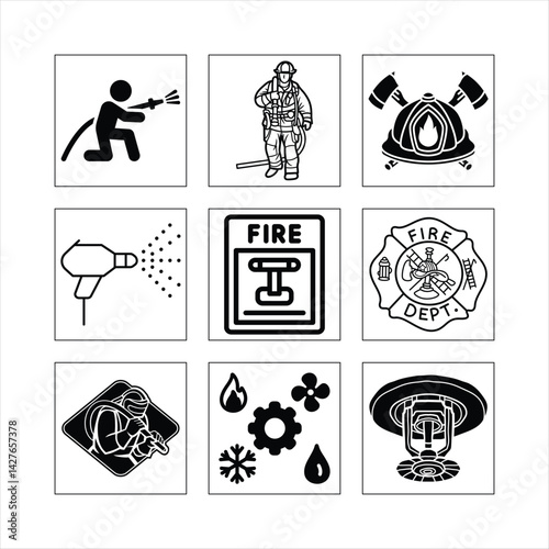Firefighting Elements And Equipment Icons Featuring Fire Fighters Pose And Protection Gear